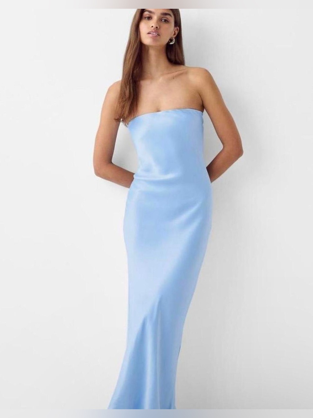 Bershka satin bandeau maxi dress in dusty blue small